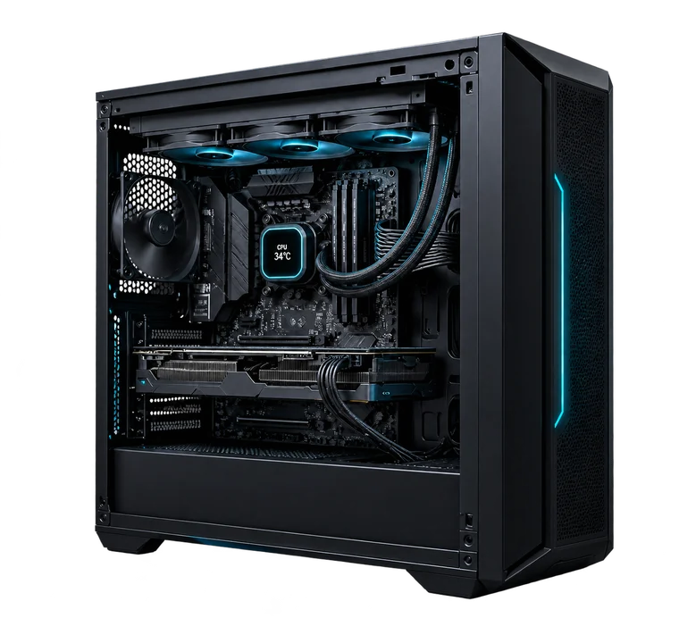 Technically accurate custom desktop PC with top-mounted 360 mm liquid cooling, graphics card and clean cable management
